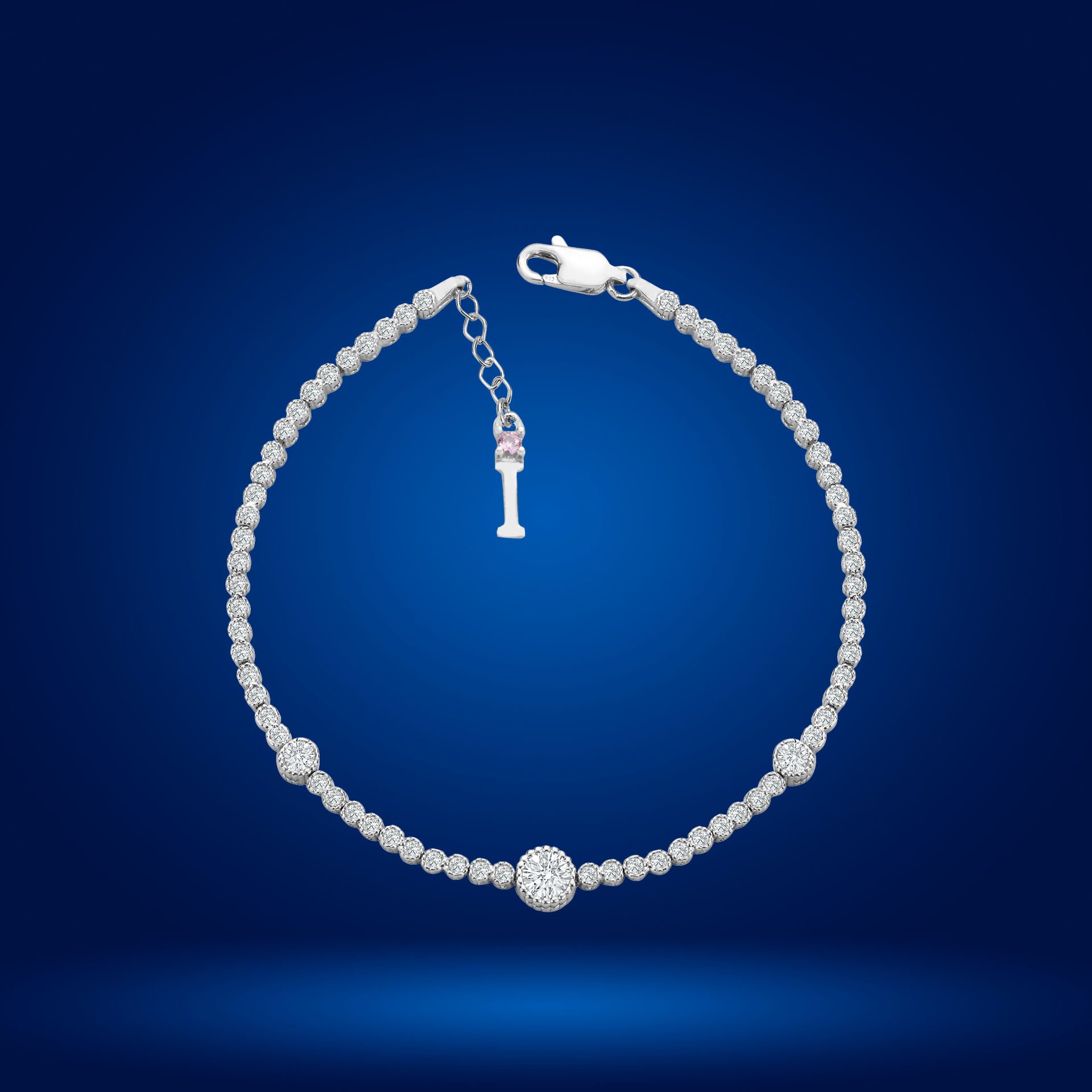 925 Ayar Gümüş Tek Taş Pırlanta Model Zincir Harfli Su Yolu Bileklik I