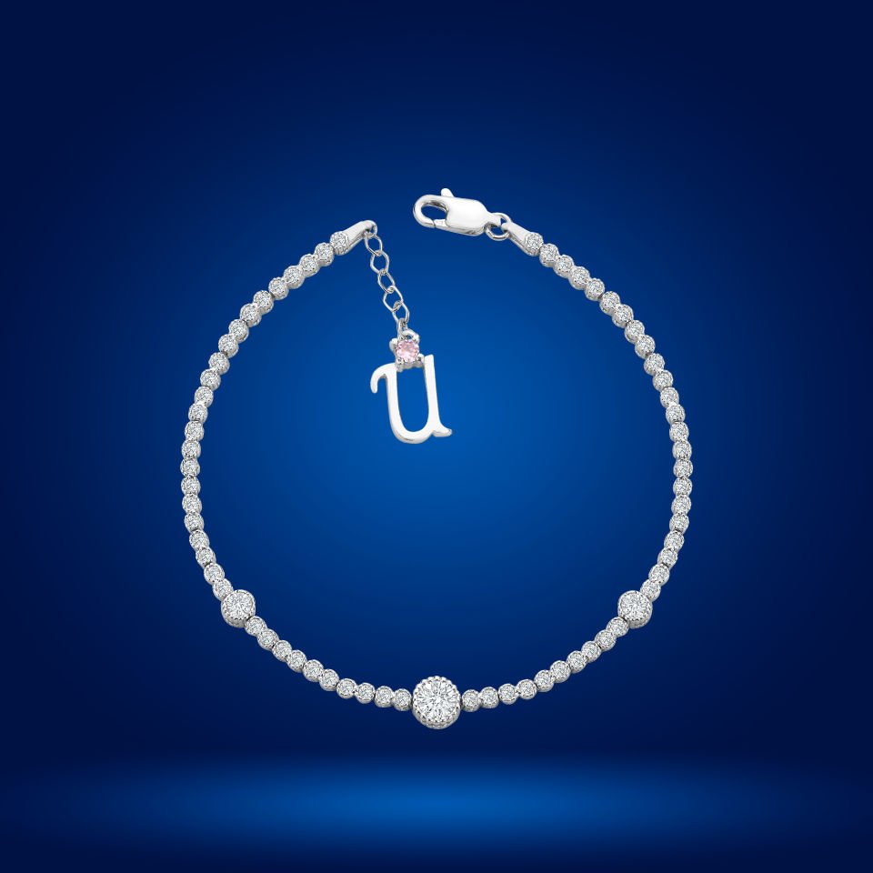 925 Ayar Gümüş Tek Taş Pırlanta Model Zincir Harfli Su Yolu Bileklik Ü