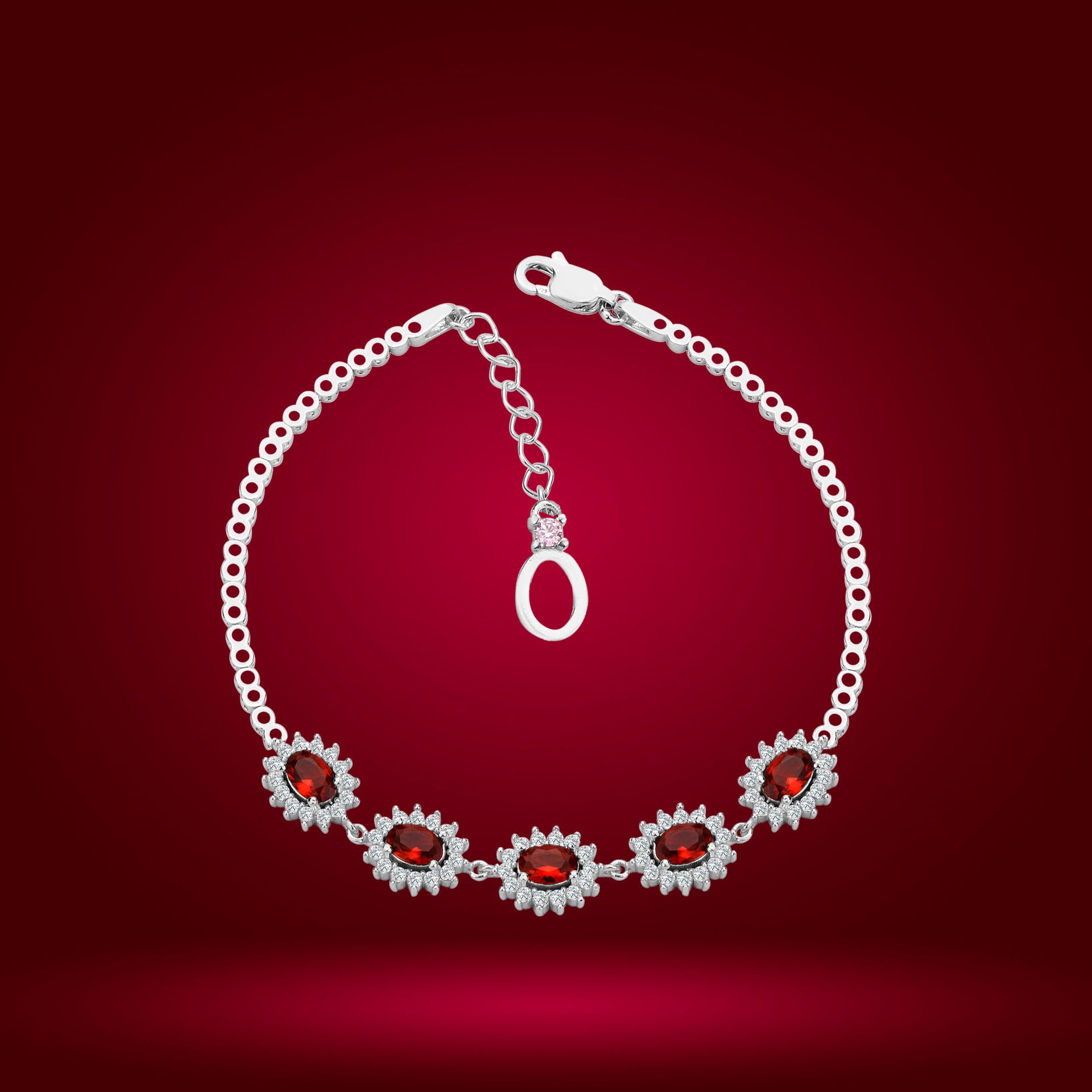 925 Ayar Gümüş Kırmızı Taşlı Çiçek Model Zincir Harfli Su Yolu Bileklik O