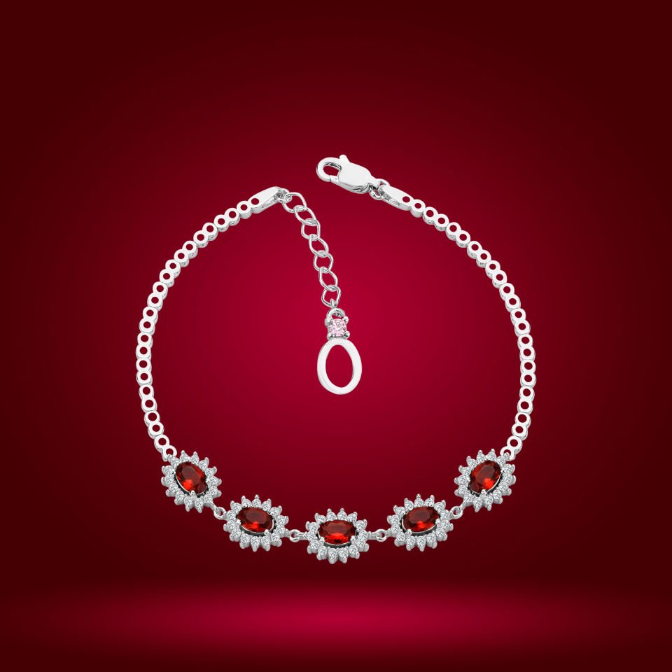 925 Ayar Gümüş Kırmızı Taşlı Çiçek Model Zincir Harfli Su Yolu Bileklik O