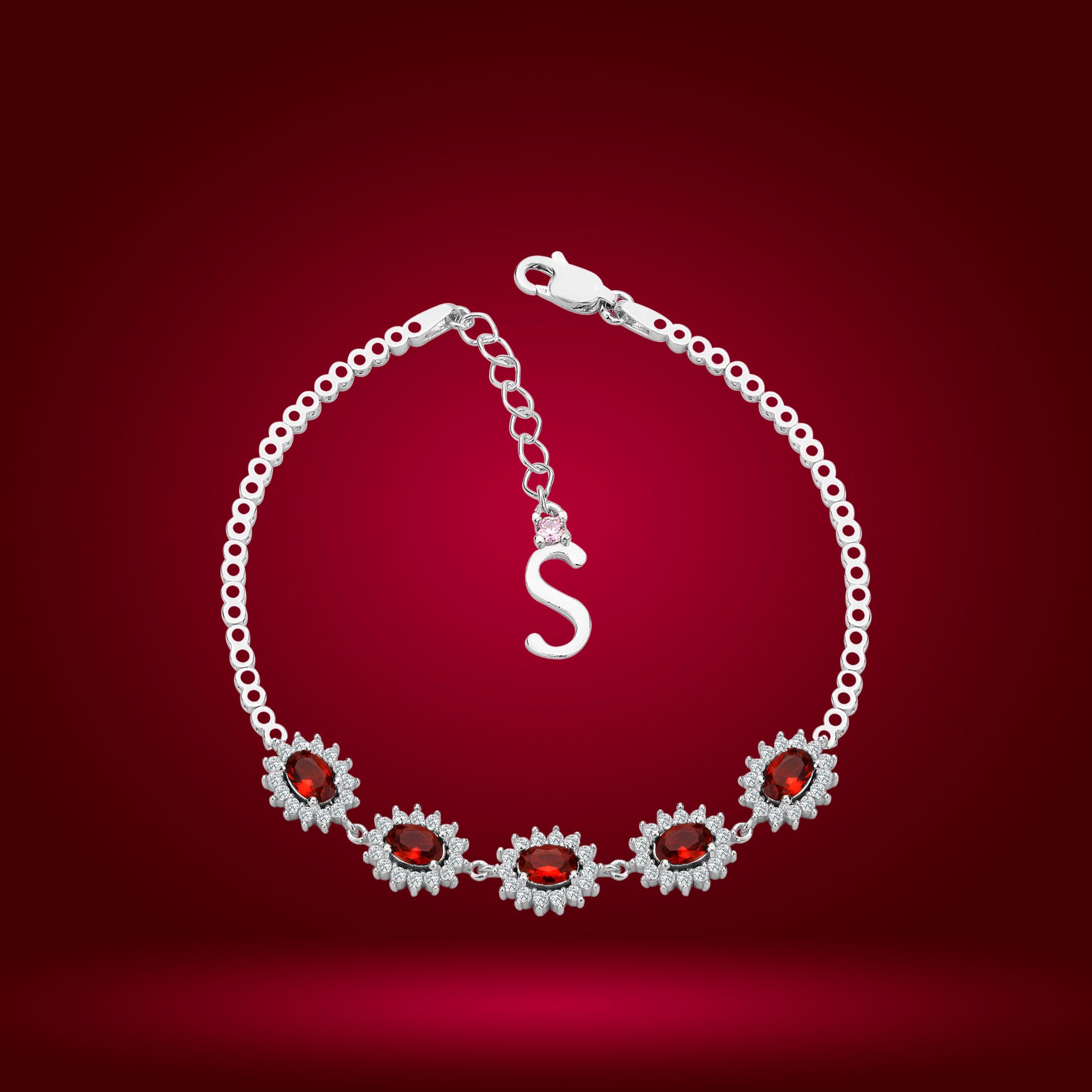 925 Ayar Gümüş Kırmızı Taşlı Çiçek Model Zincir Harfli Su Yolu Bileklik S