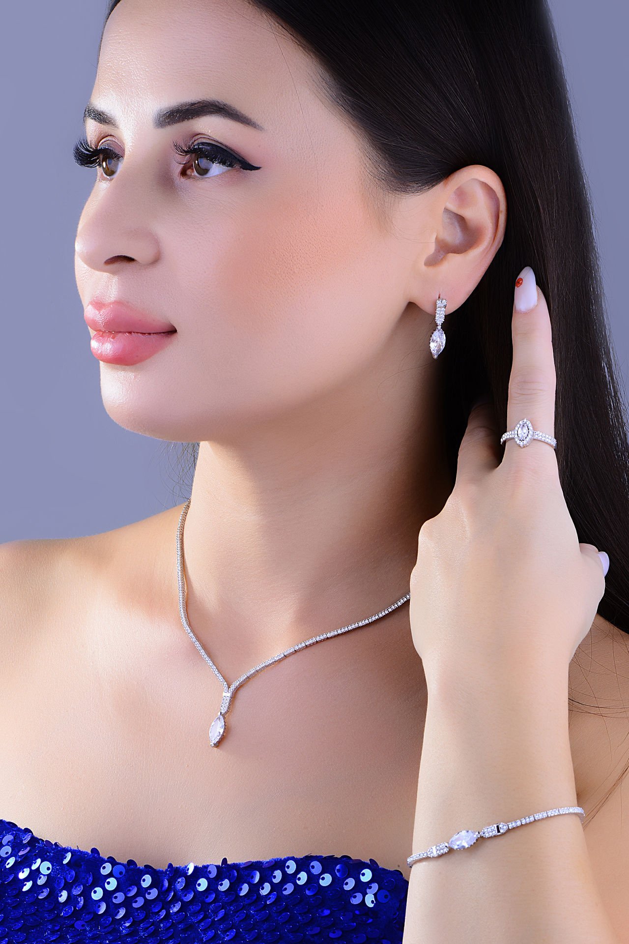 BARIŞ TAKI 925 Ayar Gümüş Pırlanta Taşlı Su Yolu Set