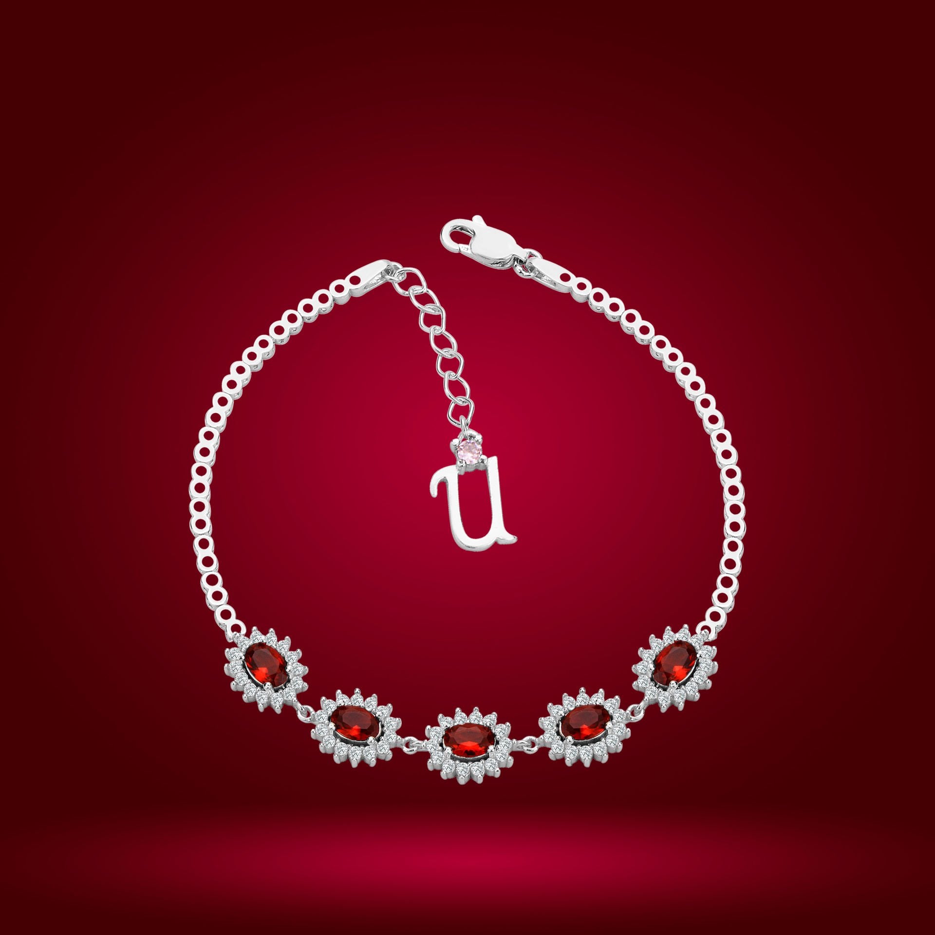 925 Ayar Gümüş Kırmızı Taşlı Çiçek Model Zincir Harfli Su Yolu Bileklik U