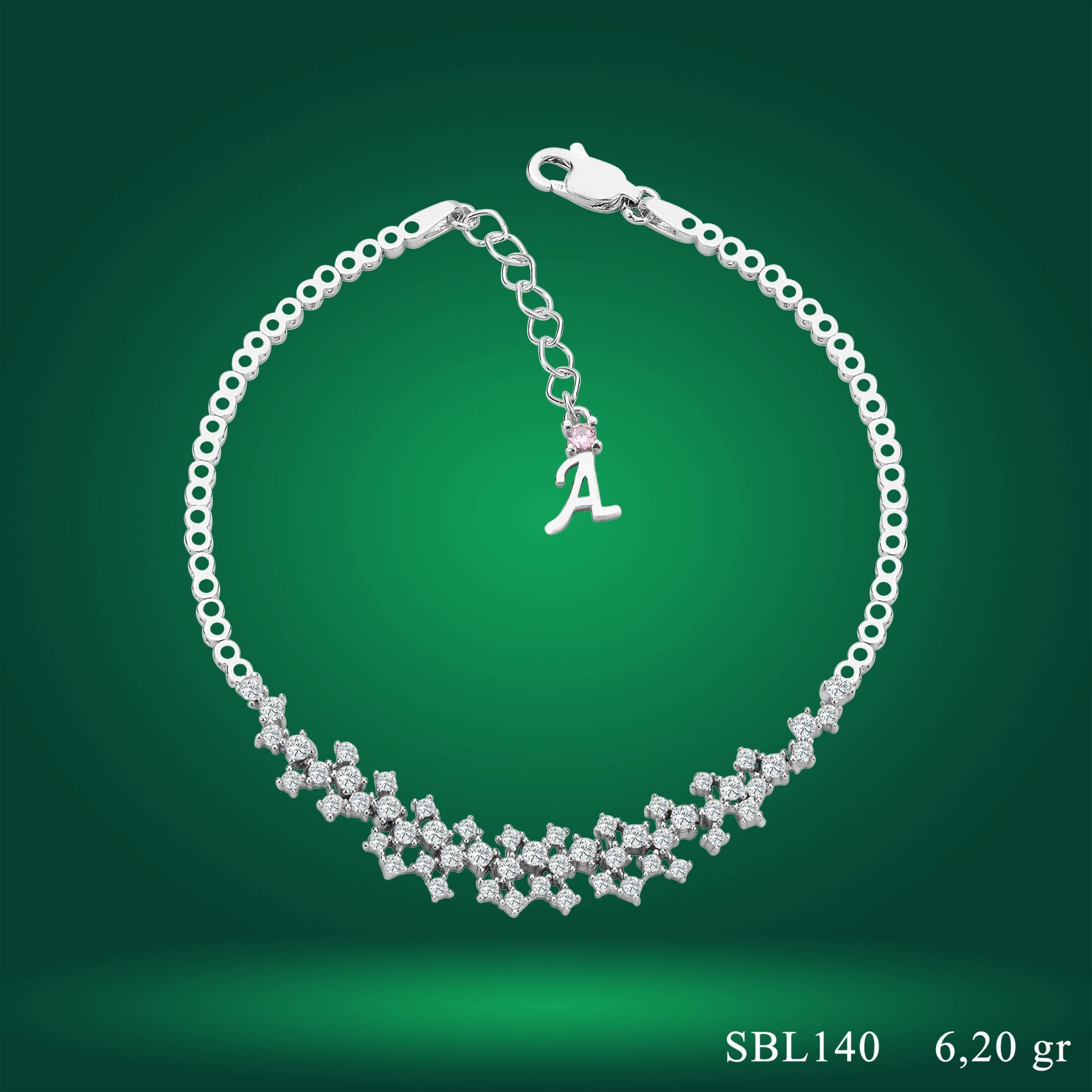 925 Ayar Gümüş Pırlanta Montür Zincir Harfli Su Yolu Bileklik