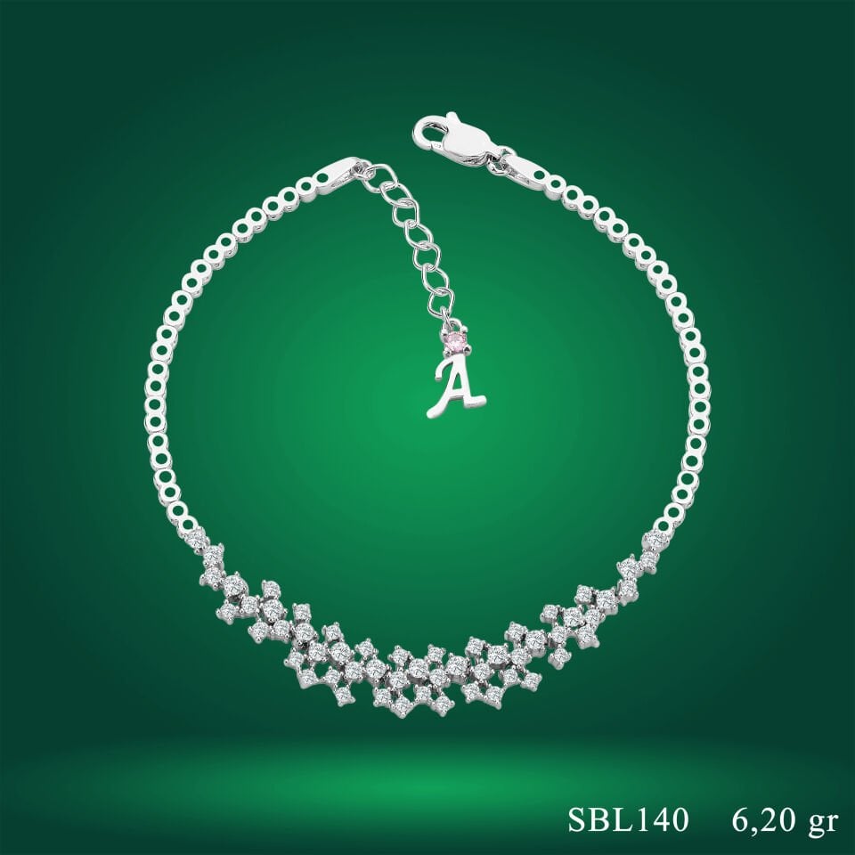 925 Ayar Gümüş Pırlanta Montür Zincir Harfli Su Yolu Bileklik