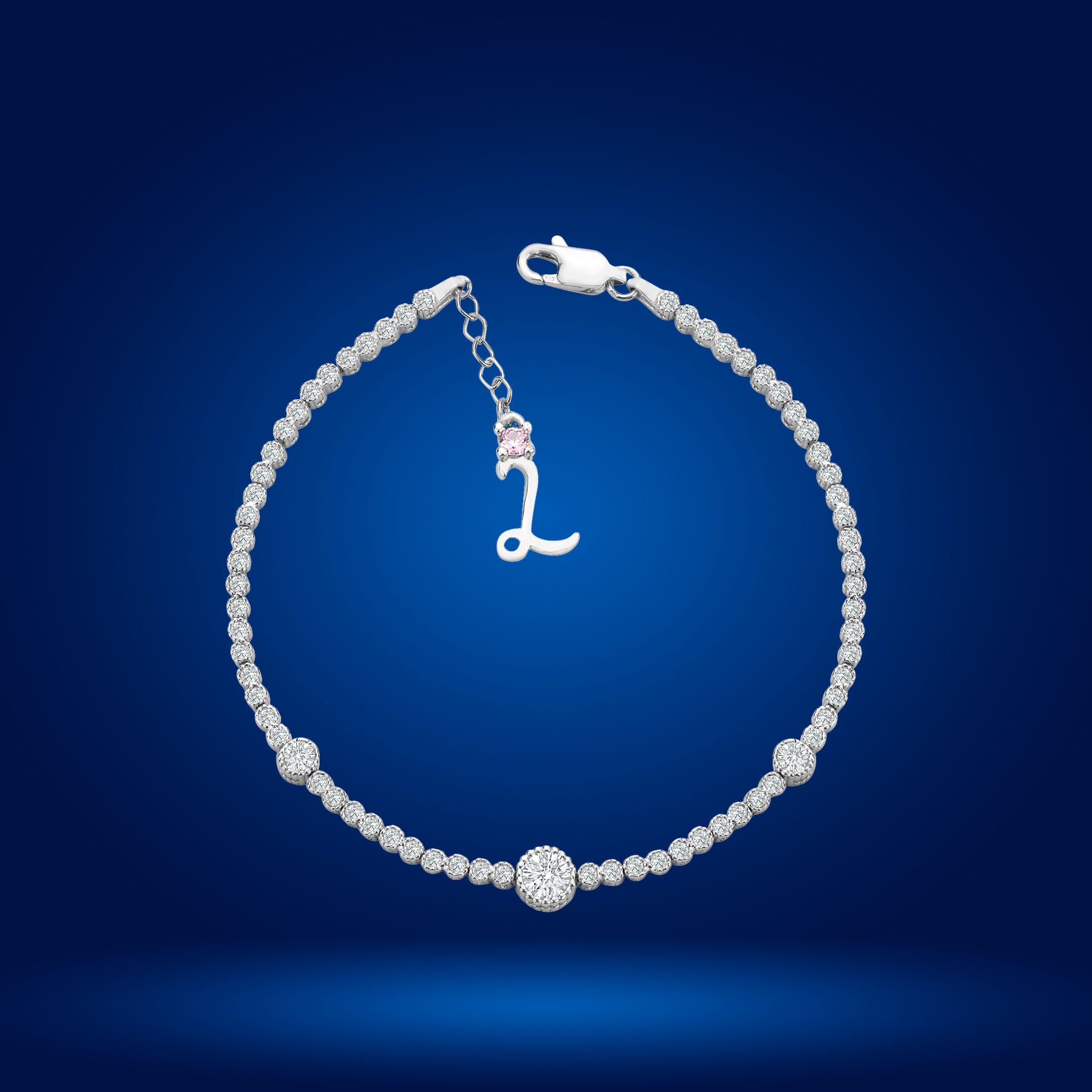 925 Ayar Gümüş Tek Taş Pırlanta Model Zincir Harfli Su Yolu Bileklik L