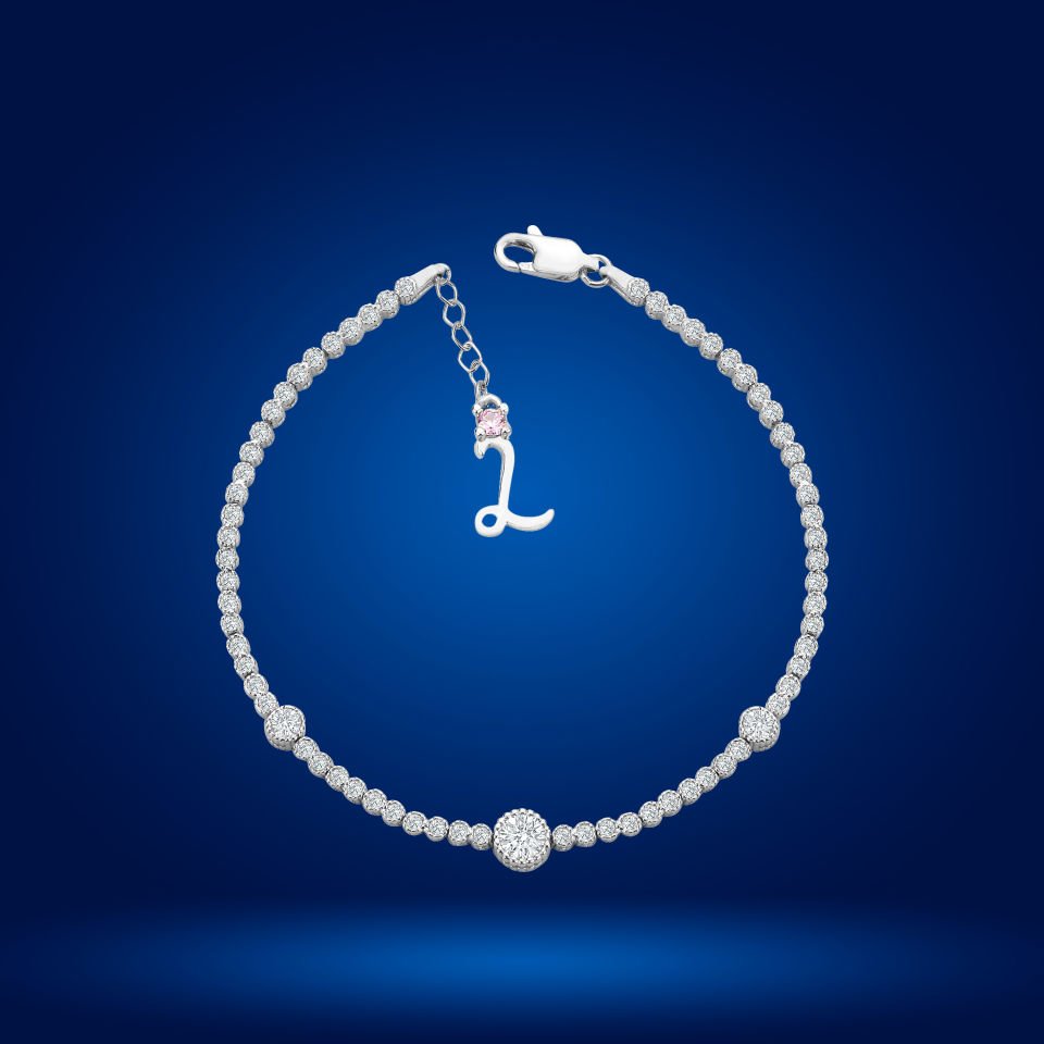 925 Ayar Gümüş Tek Taş Pırlanta Model Zincir Harfli Su Yolu Bileklik L