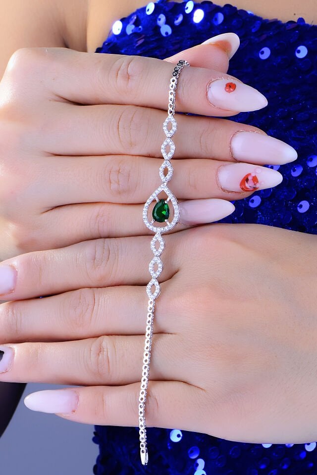 BARIŞ TAKI 925 Ayar Gümüş Yeşil Damla Taşlı Su Yolu Set