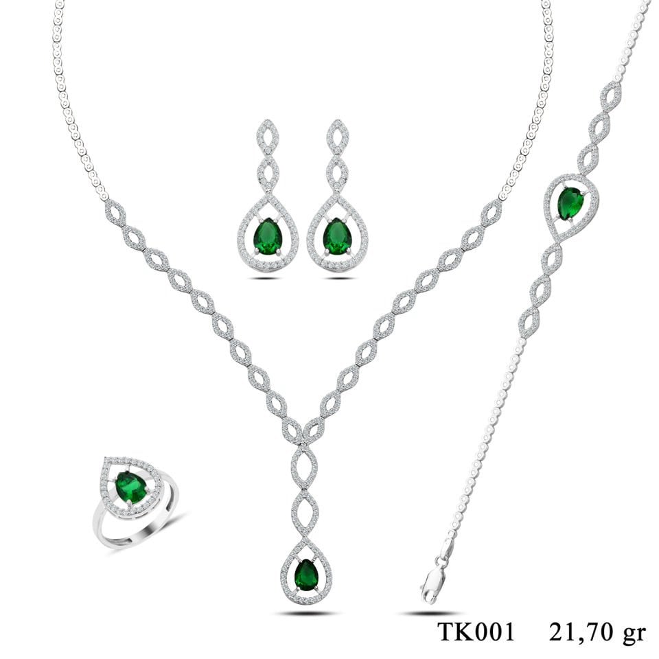 BARIŞ TAKI 925 Ayar Gümüş Yeşil Damla Taşlı Su Yolu Set