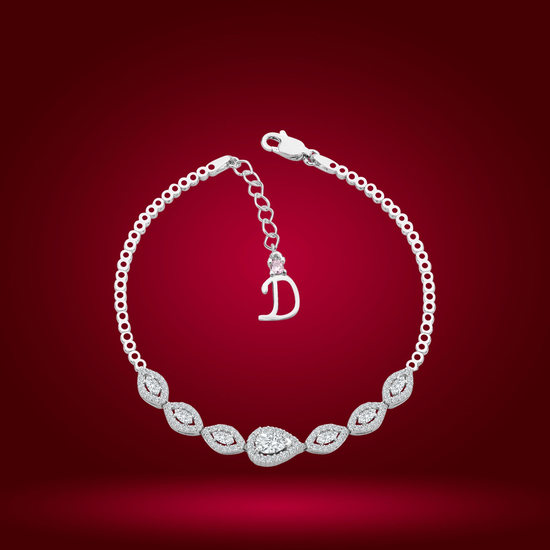 925 Ayar Gümüş Damla Model Zincir Harfli Su Yolu Bileklik D