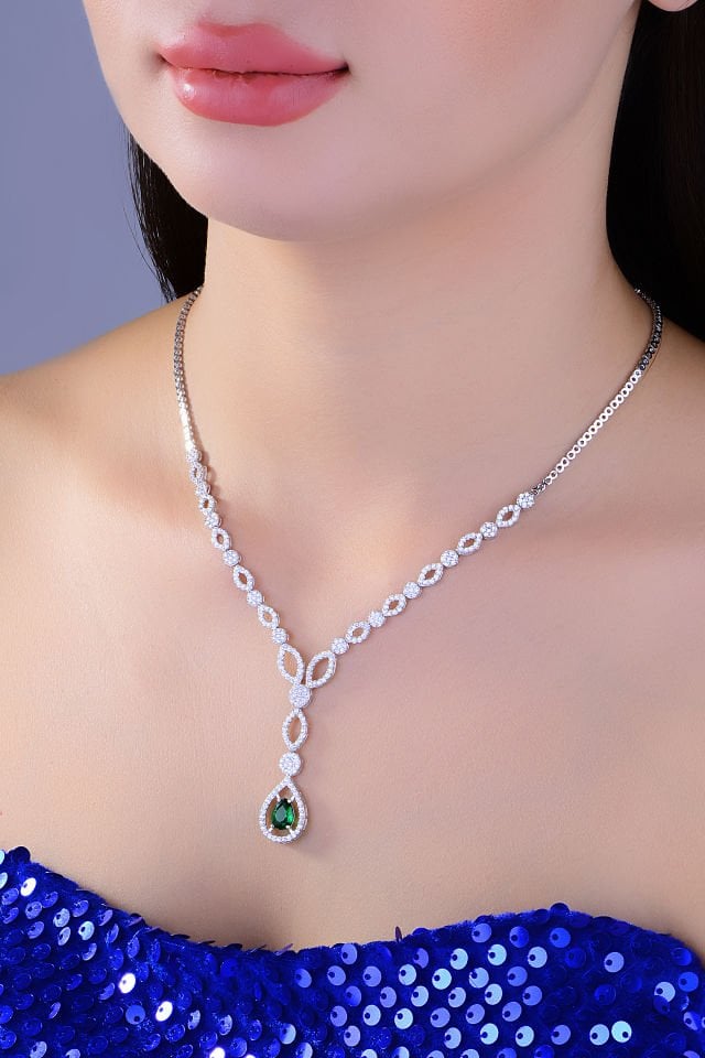 BARIŞ TAKI 925 Ayar Gümüş Yeşil Damla Taşlı Su Yolu Set