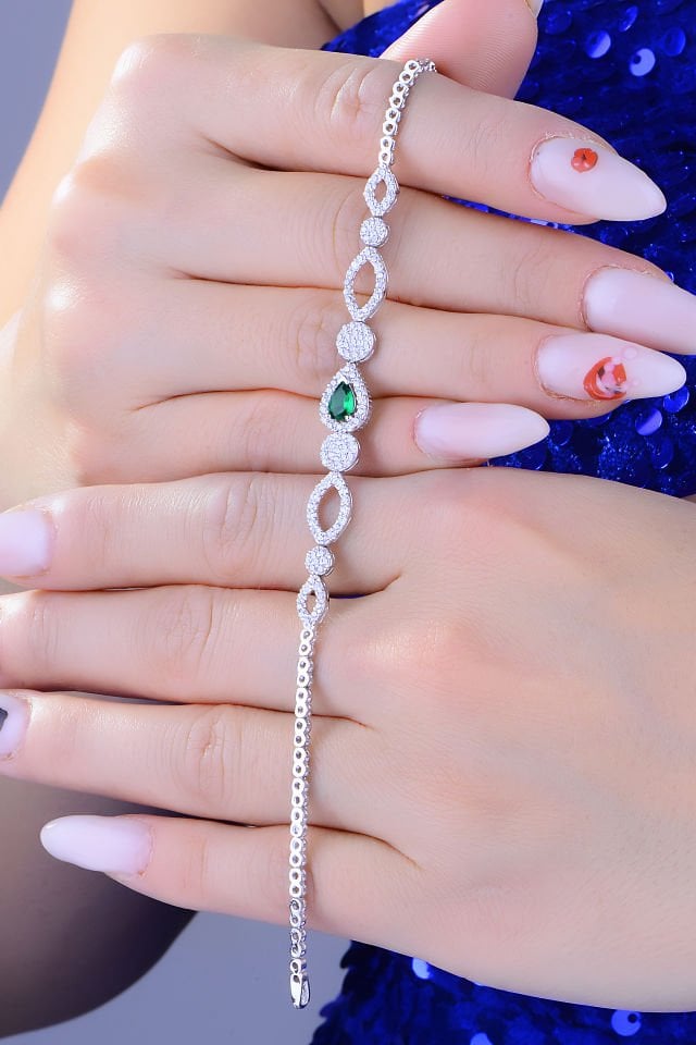 BARIŞ TAKI 925 Ayar Gümüş Yeşil Damla Taşlı Su Yolu Set