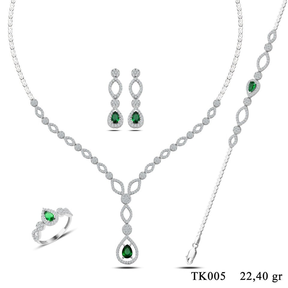 BARIŞ TAKI 925 Ayar Gümüş Yeşil Damla Taşlı Su Yolu Set