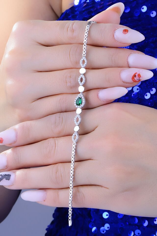 BARIŞ TAKI 925 Ayar Gümüş Yeşil Damla Taşlı Su Yolu Set