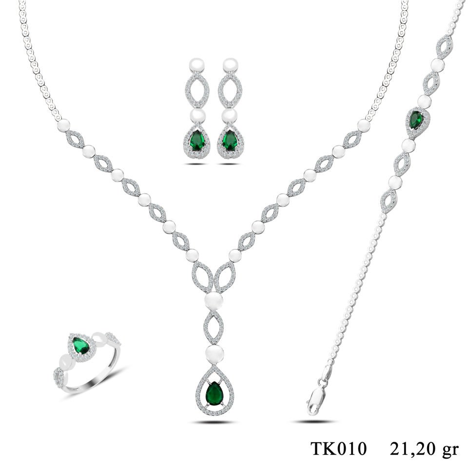 BARIŞ TAKI 925 Ayar Gümüş Yeşil Damla Taşlı Su Yolu Set