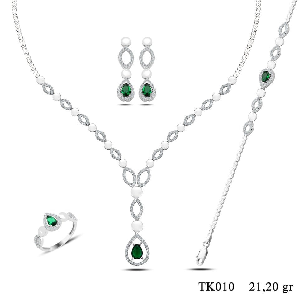 BARIŞ TAKI 925 Ayar Gümüş Yeşil Damla Taşlı Su Yolu Set