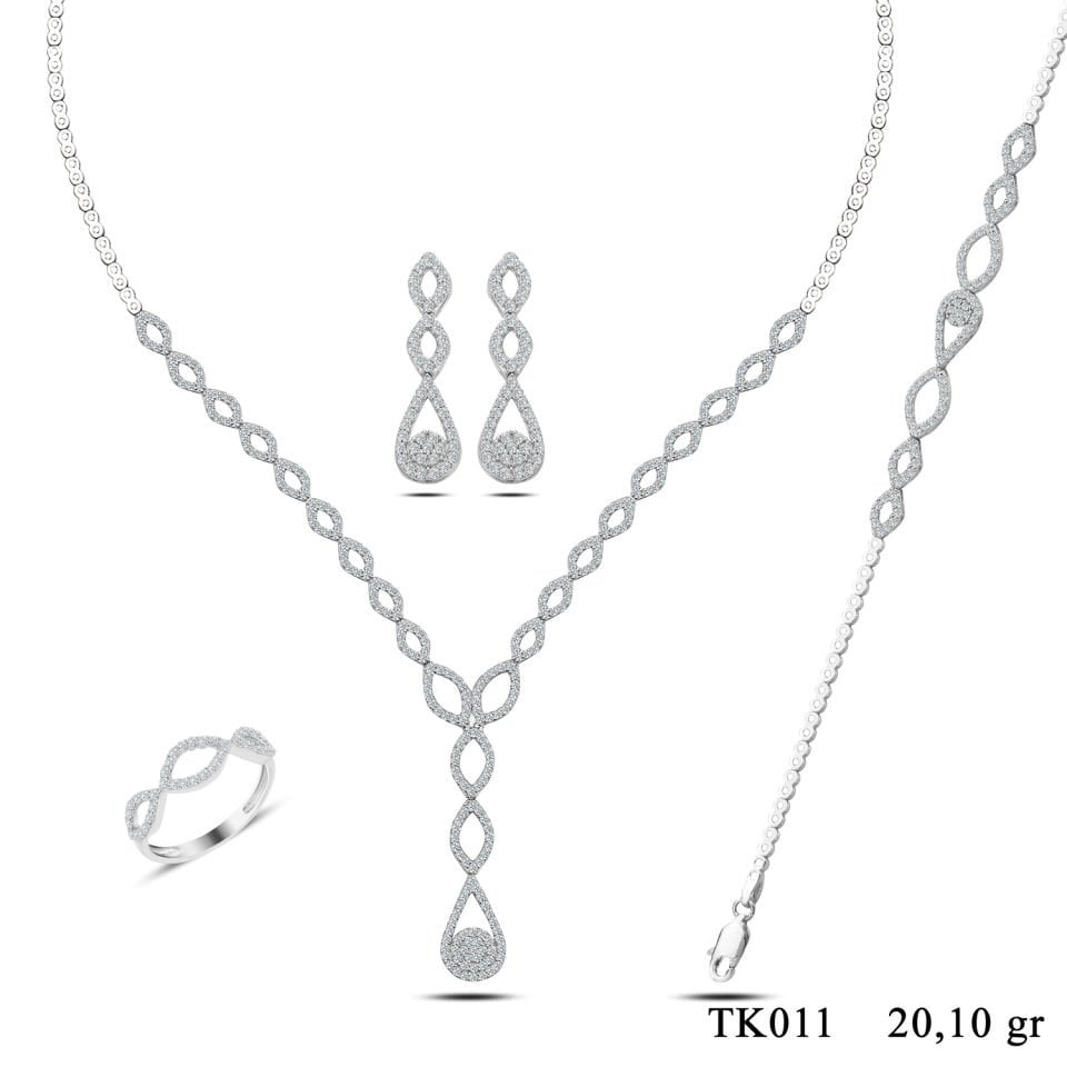 BARIŞ TAKI 925 Ayar Gümüş Damla Salkım Pırlanta Montör Su Yolu Set