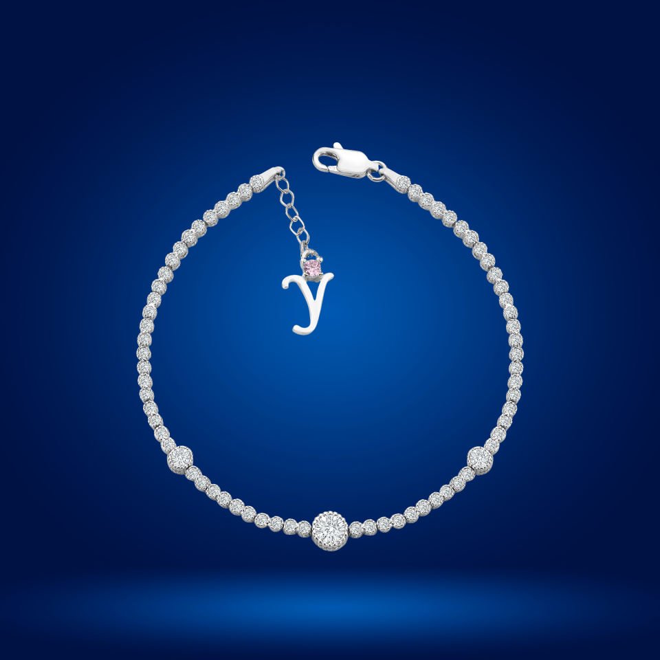 925 Ayar Gümüş Tek Taş Pırlanta Model Zincir Harfli Su Yolu Bileklik Y