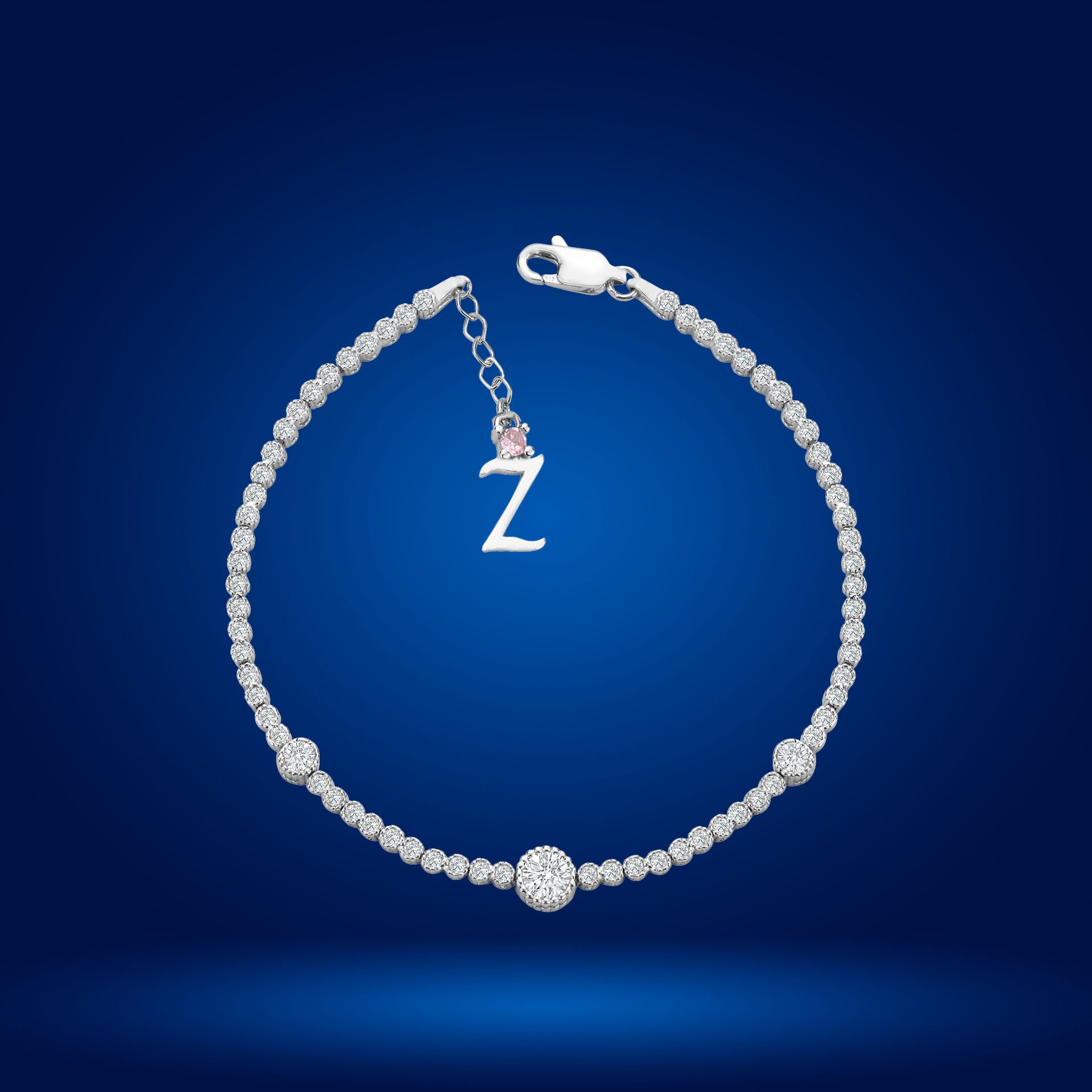 925 Ayar Gümüş Tek Taş Pırlanta Model Zincir Harfli Su Yolu Bileklik Z