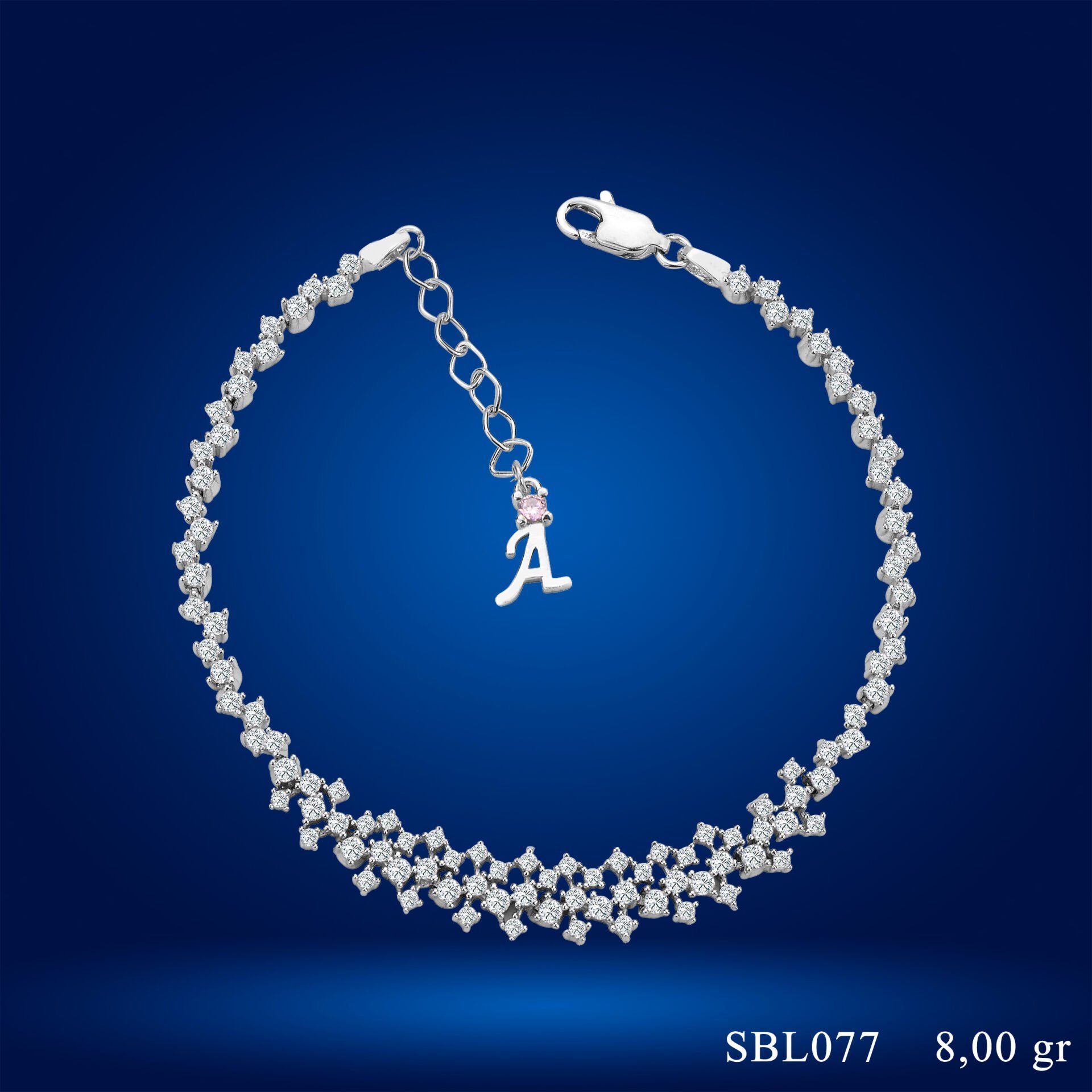 925 Ayar Gümüş Ful Pırlanta Taşlı Zincir Harfli Su Yolu Bileklik