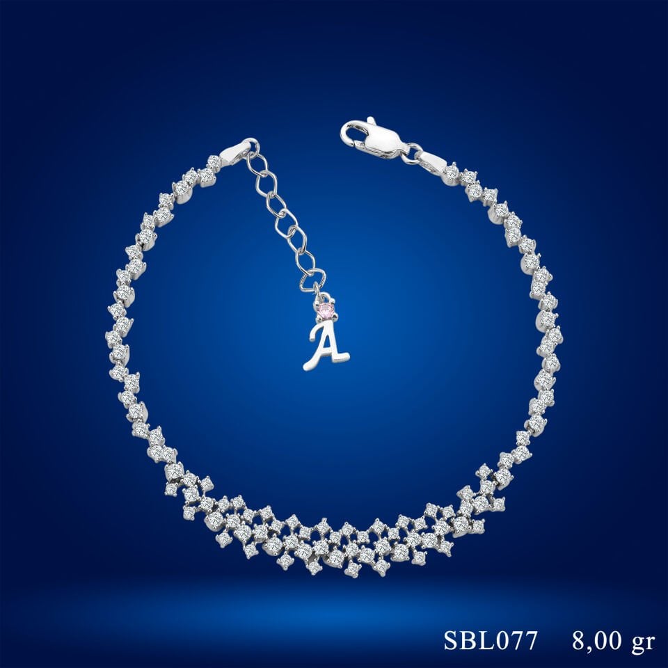925 Ayar Gümüş Ful Pırlanta Taşlı Zincir Harfli Su Yolu Bileklik