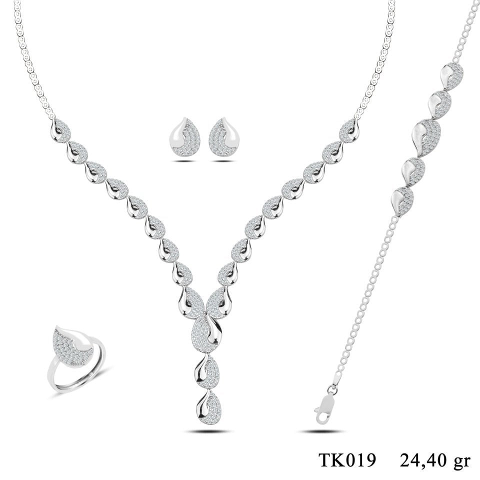 BARIŞ TAKI 925 Ayar Gümüş Damla Salkım Pırlanta Montör Su Yolu Set
