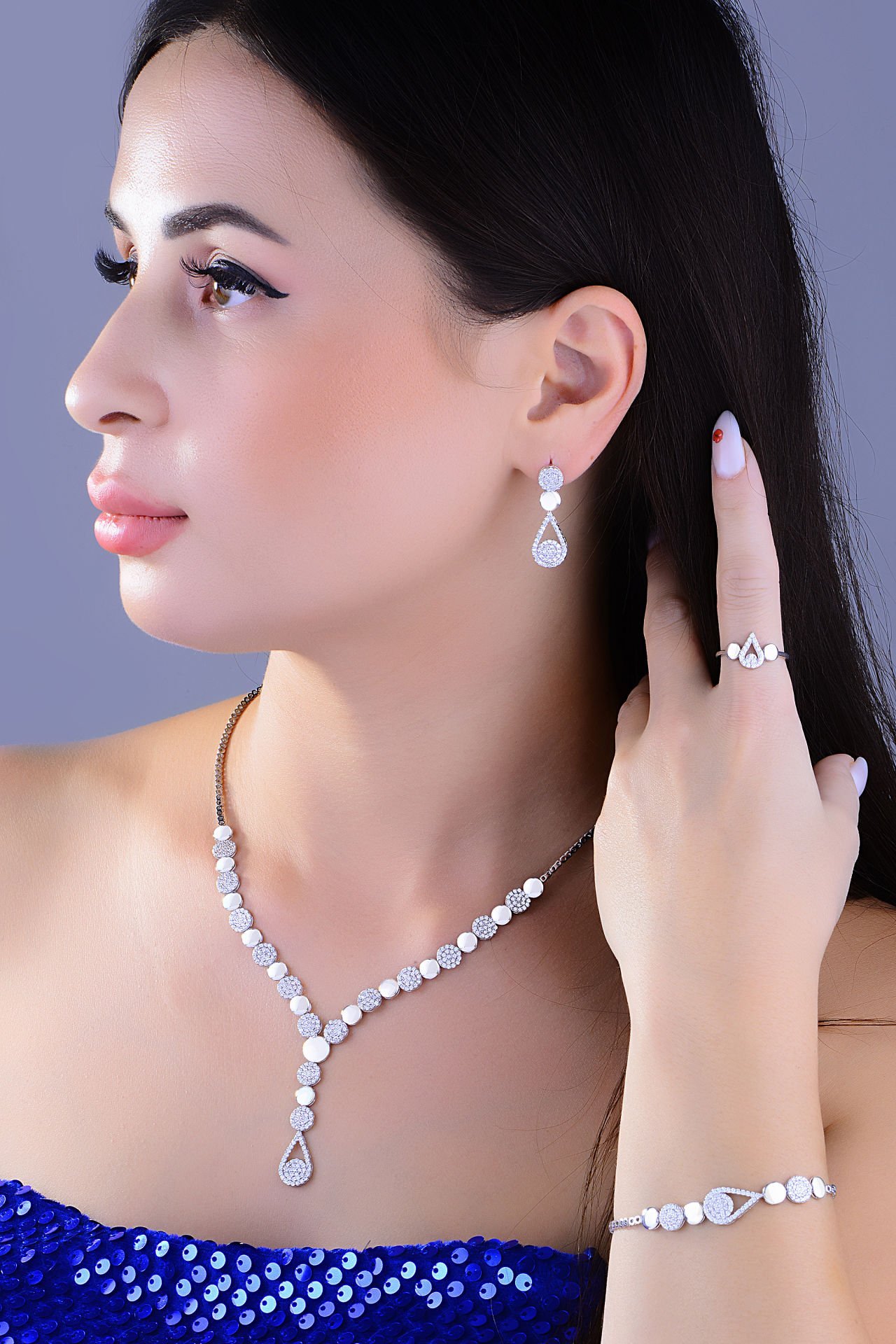 BARIŞ TAKI 925 Ayar Gümüş Damla Salkım Pırlanta Montör Su Yolu Set