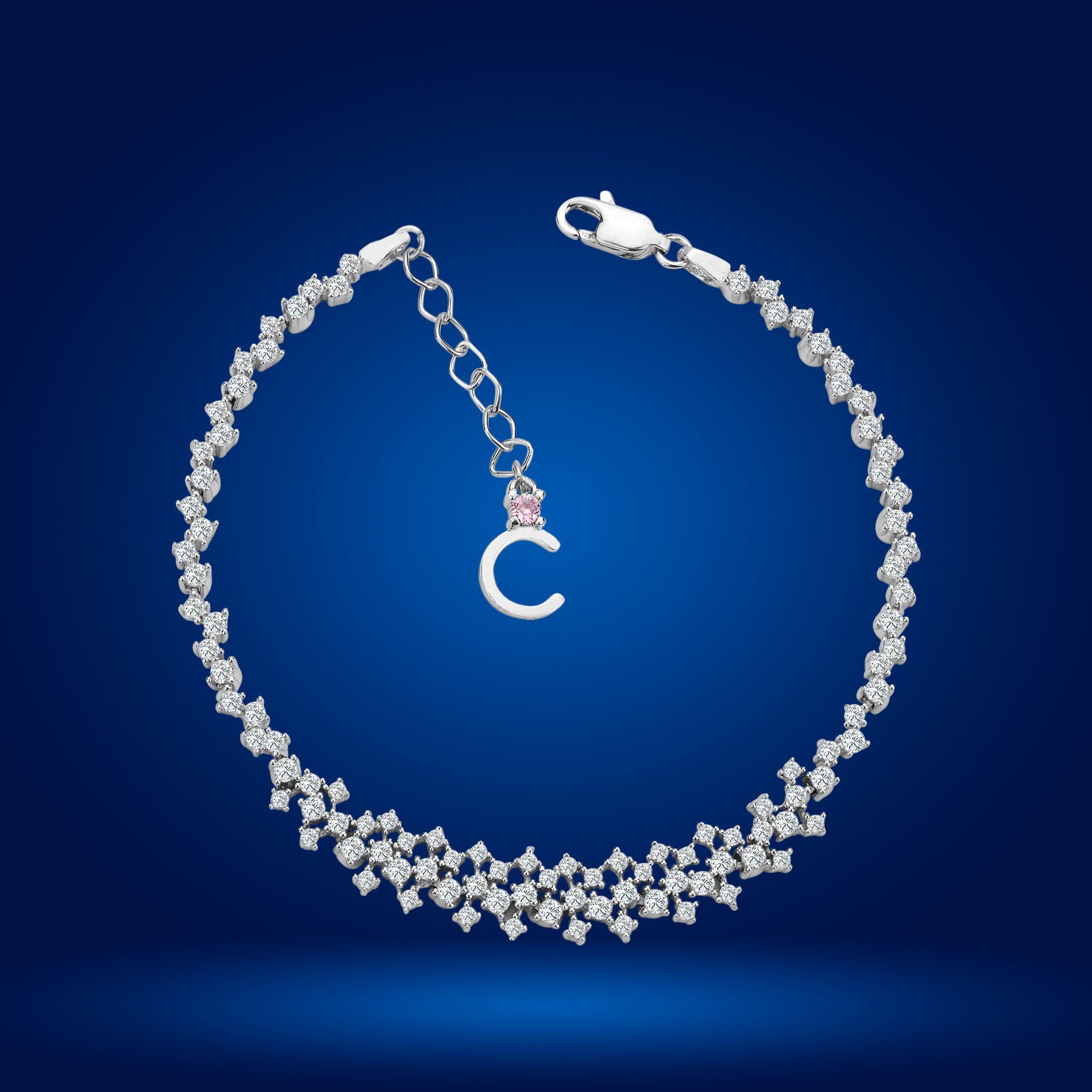 925 Ayar Gümüş Ful Pırlanta Taşlı Zincir Harfli Su Yolu Bileklik C