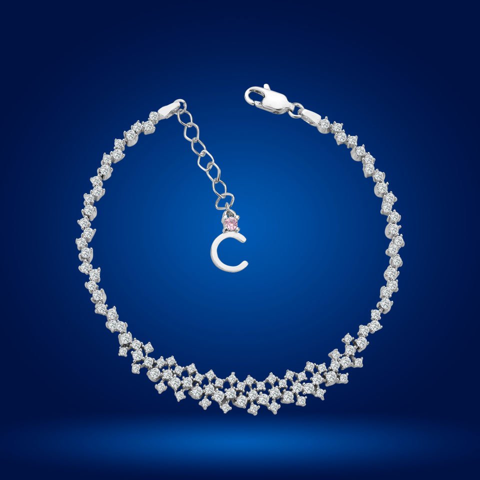 925 Ayar Gümüş Ful Pırlanta Taşlı Zincir Harfli Su Yolu Bileklik C