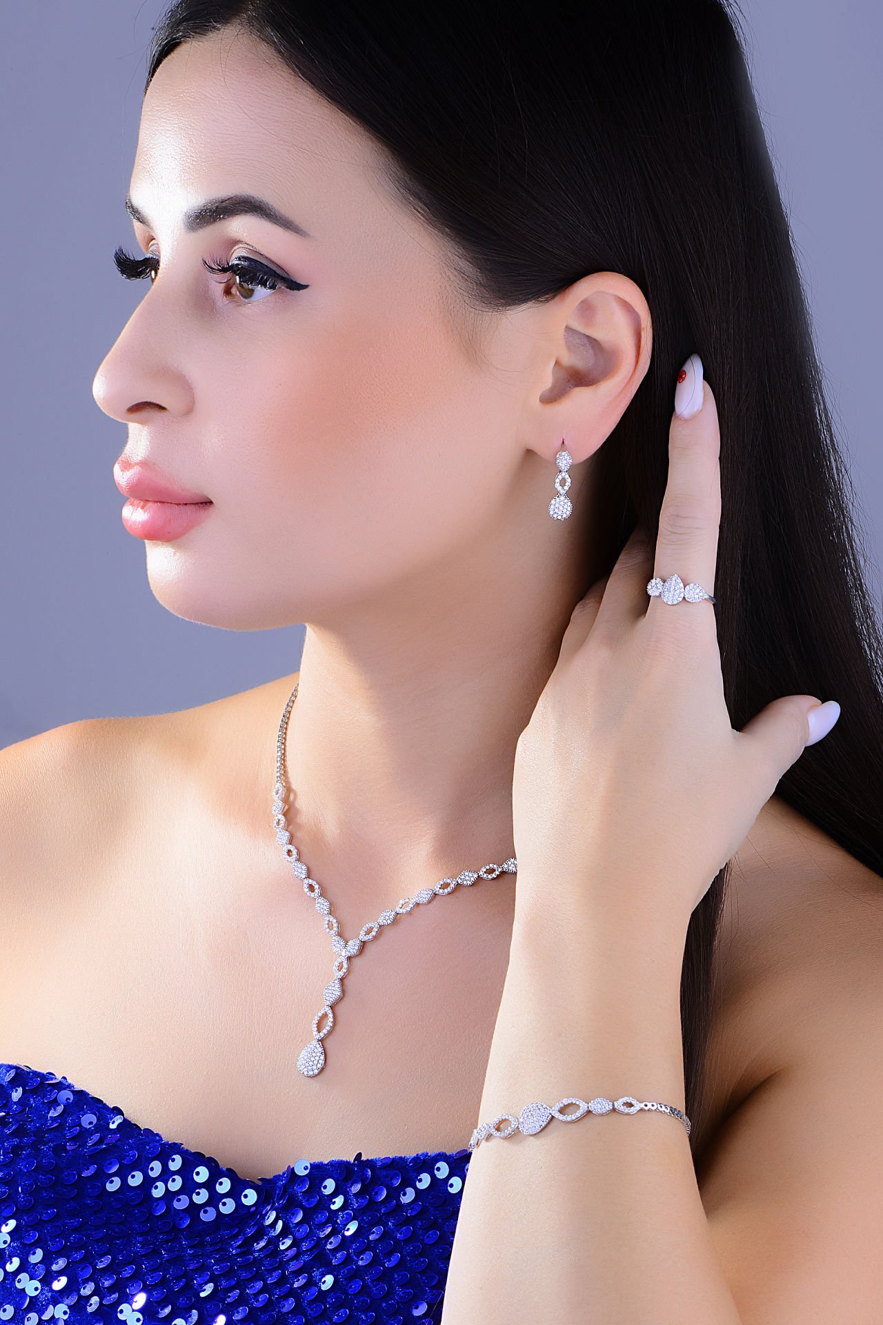 BARIŞ TAKI 925 Ayar Gümüş Pırlanta Montör Salkım Su Yolu Set