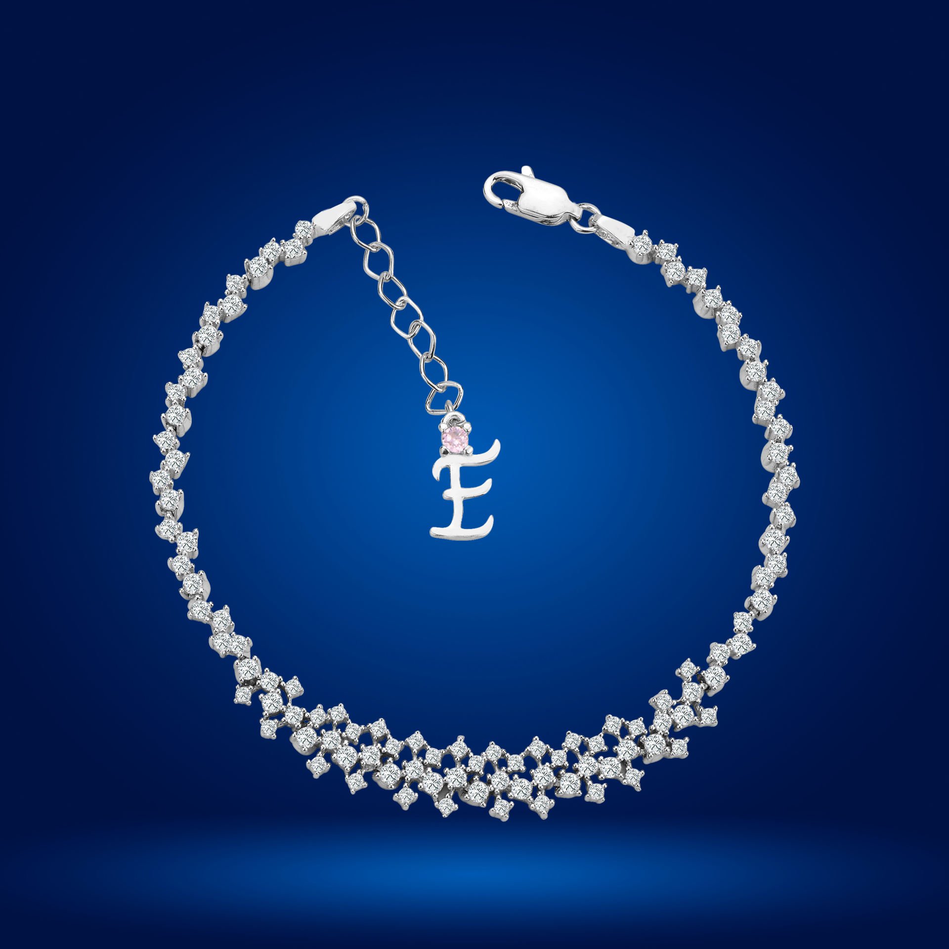 925 Ayar Gümüş Ful Pırlanta Taşlı Zincir Harfli Su Yolu Bileklik E