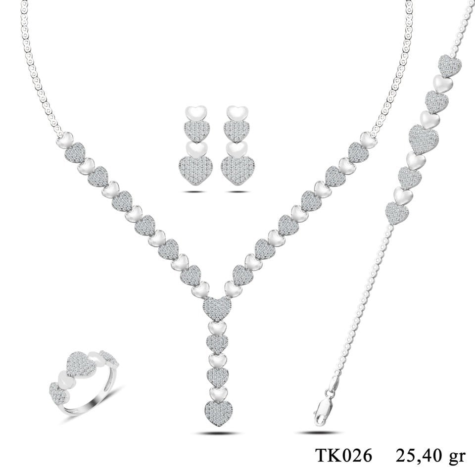 925 Ayar Gümüş Kalp Salkım Pırlanta Montür Su Yolu Set