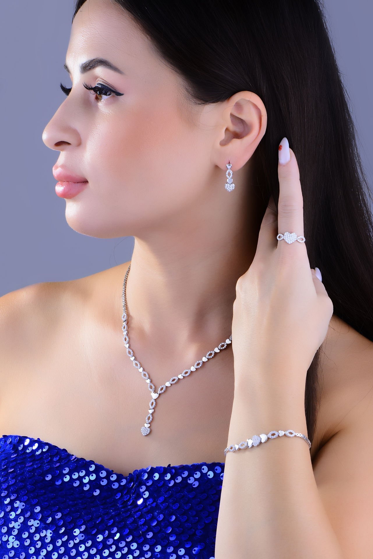 925 Ayar Gümüş Kalp Salkım Pırlanta Montür Su Yolu Set