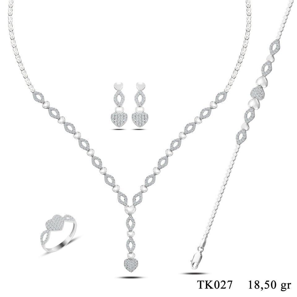 925 Ayar Gümüş Kalp Salkım Pırlanta Montür Su Yolu Set
