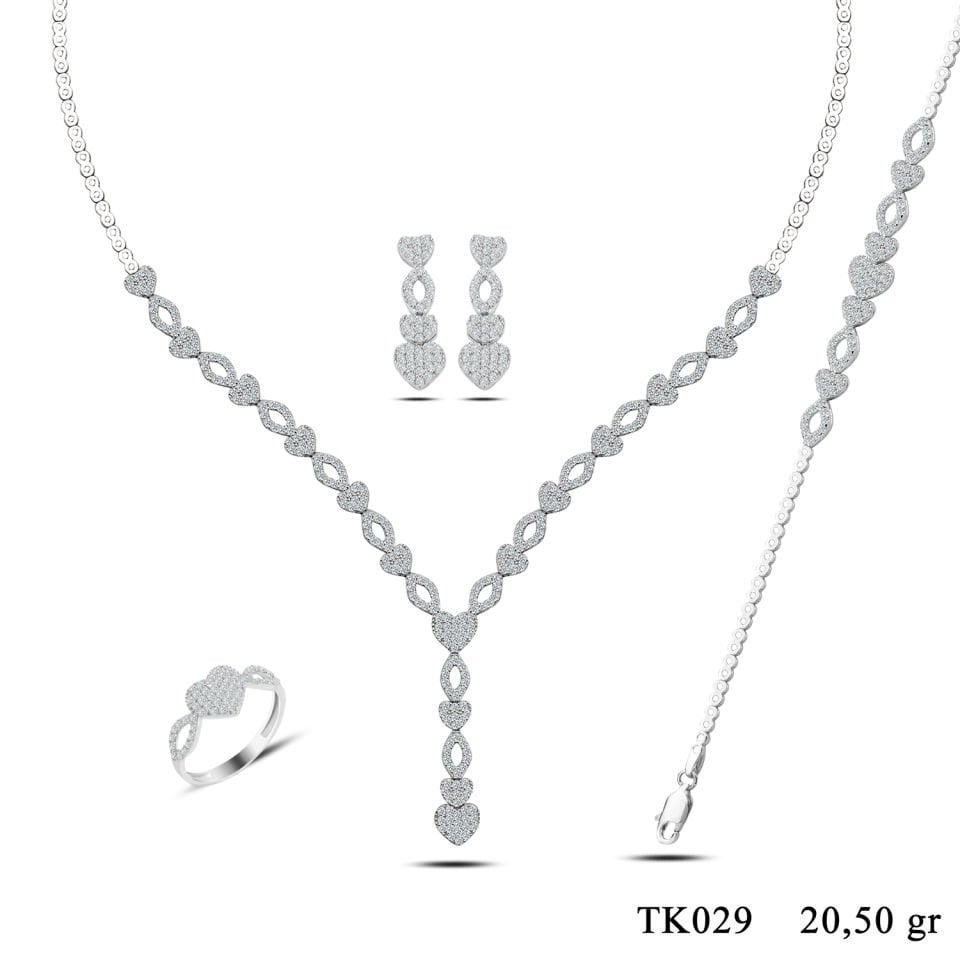 925 Ayar Gümüş Kalp Salkım Pırlanta Montör Su Yolu Set