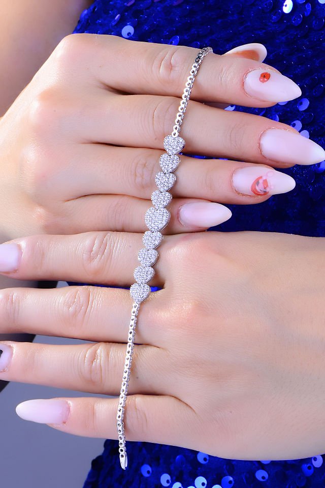 925 Ayar Gümüş Kalp Salkım Pırlanta Montör Su Yolu Set