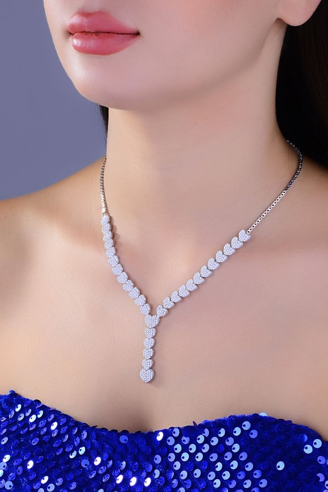 925 Ayar Gümüş Kalp Salkım Pırlanta Montör Su Yolu Set