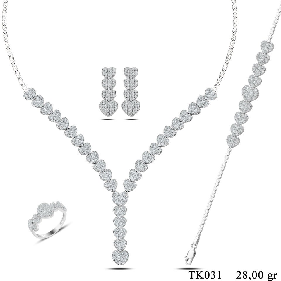 925 Ayar Gümüş Kalp Salkım Pırlanta Montör Su Yolu Set