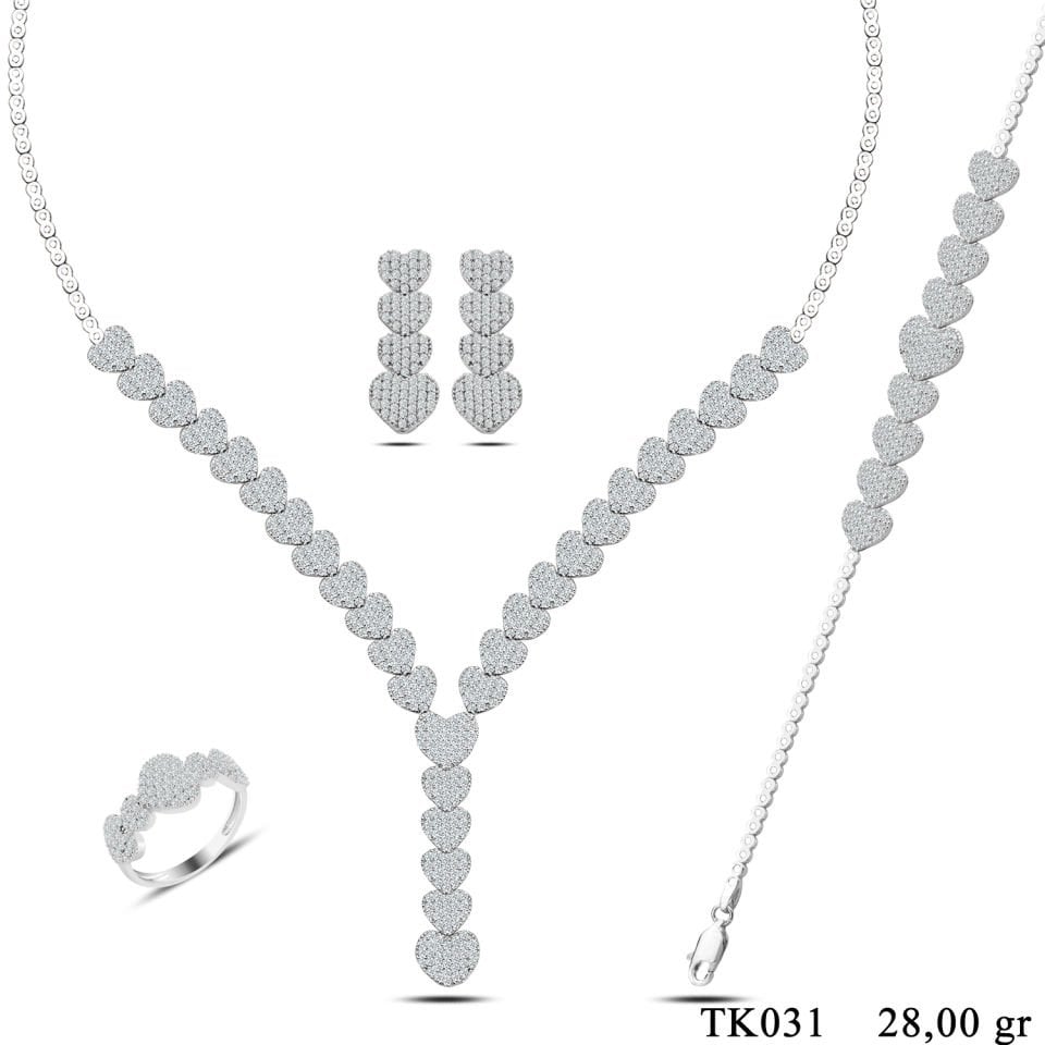 925 Ayar Gümüş Kalp Salkım Pırlanta Montör Su Yolu Set