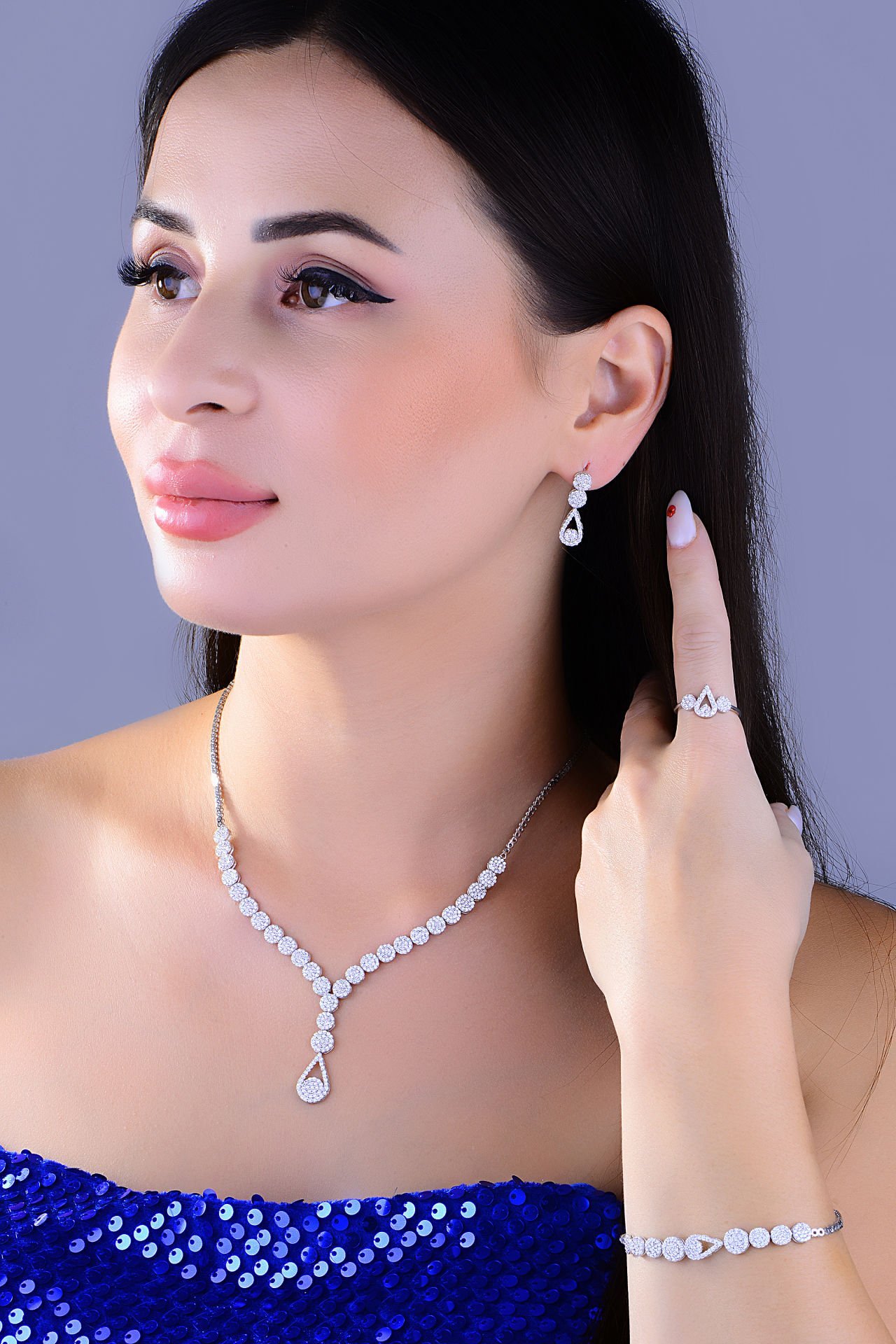 925 Ayar Gümüş Damla Salkım Pırlanta Montör Su Yolu Set