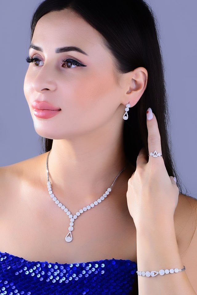 925 Ayar Gümüş Damla Salkım Pırlanta Montör Su Yolu Set