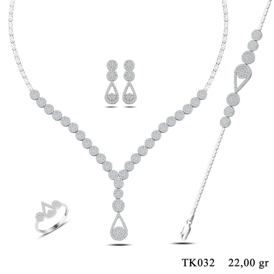 925 Ayar Gümüş Damla Salkım Pırlanta Montör Su Yolu Set