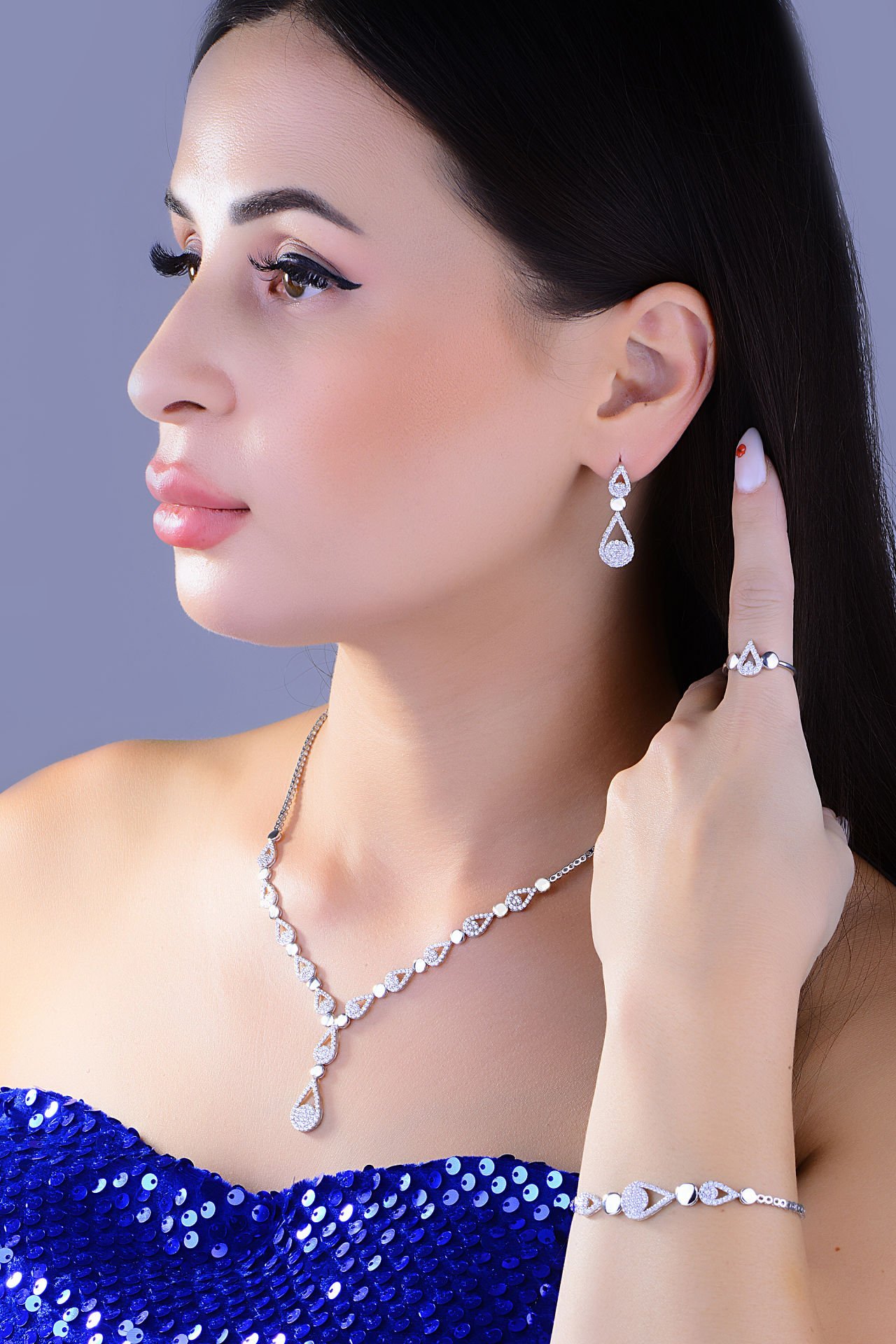 925 Ayar Gümüş Damla Salkım Pırlanta Montör Su Yolu Set