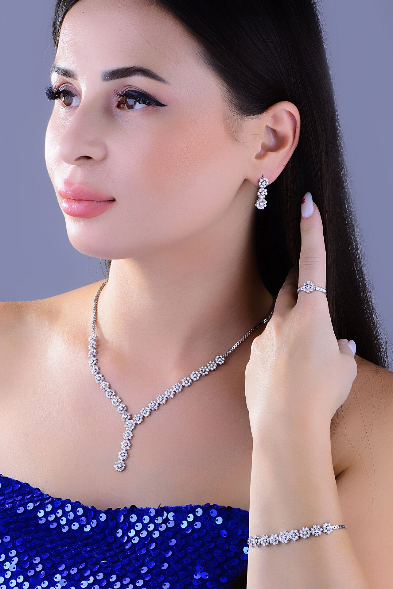 BARIŞ TAKI 925 Ayar Gümüş Papatya Salkım Pırlanta Montör Su Yolu Set