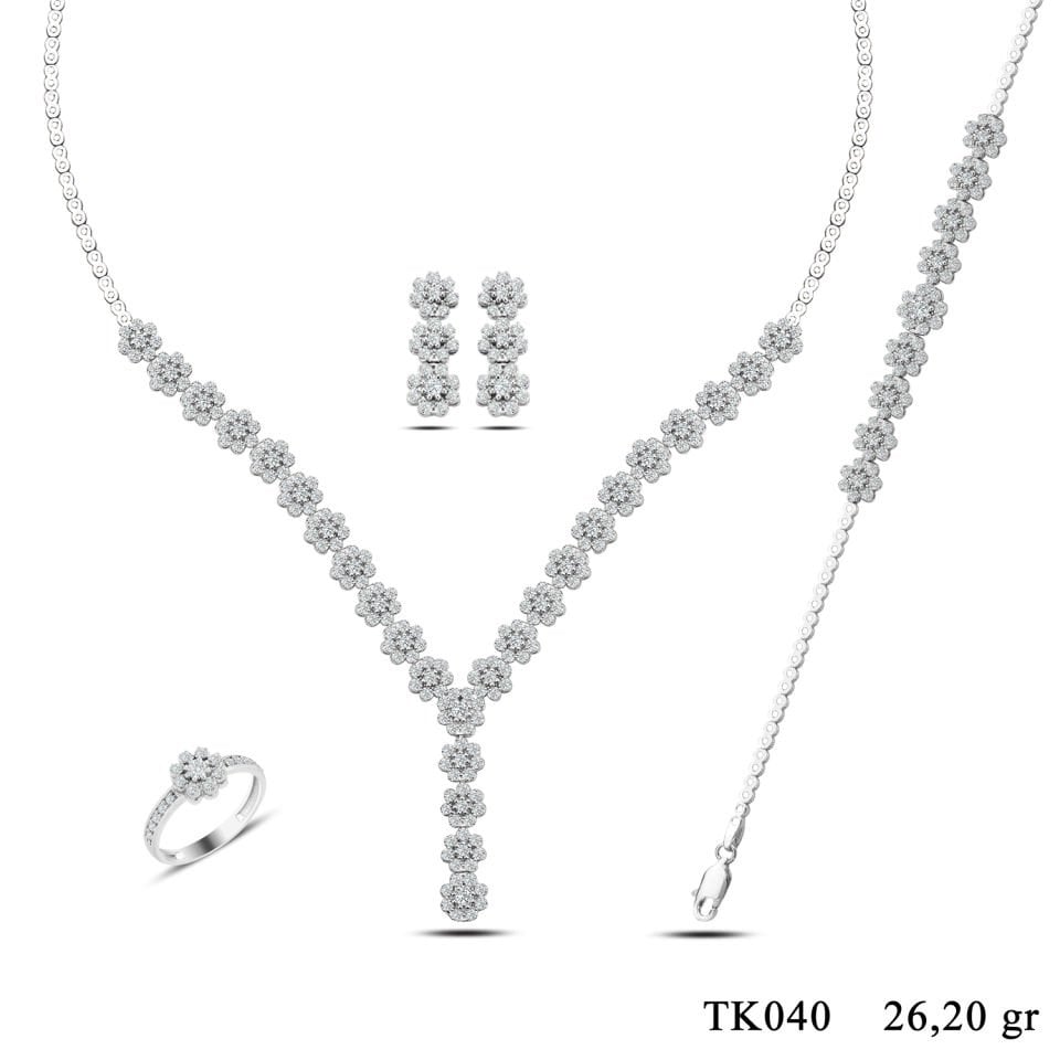 BARIŞ TAKI 925 Ayar Gümüş Papatya Salkım Pırlanta Montör Su Yolu Set