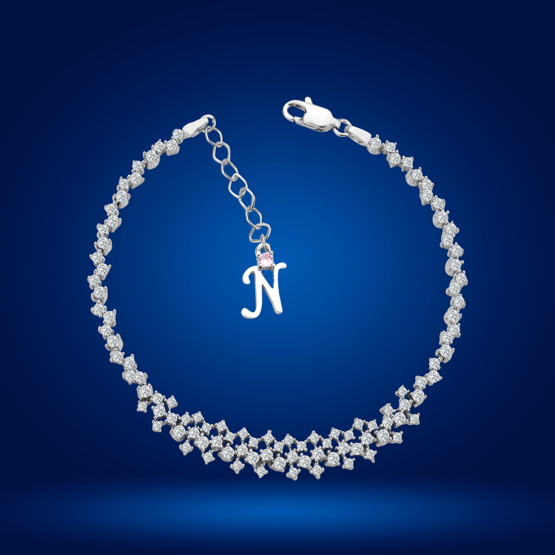 925 Ayar Gümüş Ful Pırlanta Taşlı Zincir Harfli Su Yolu Bileklik N