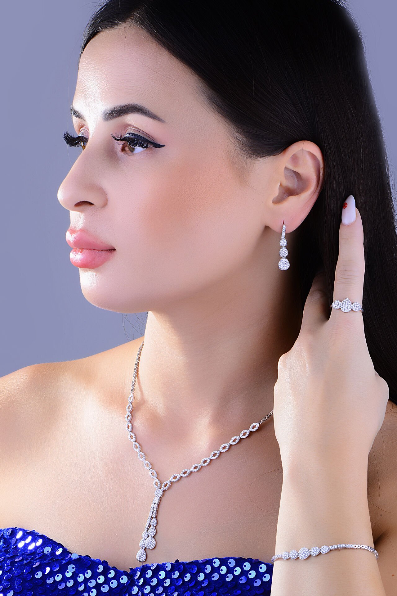 BARIŞ TAKI 925 Ayar Gümüş Pırlanta Salkım Montör Su Yolu Set