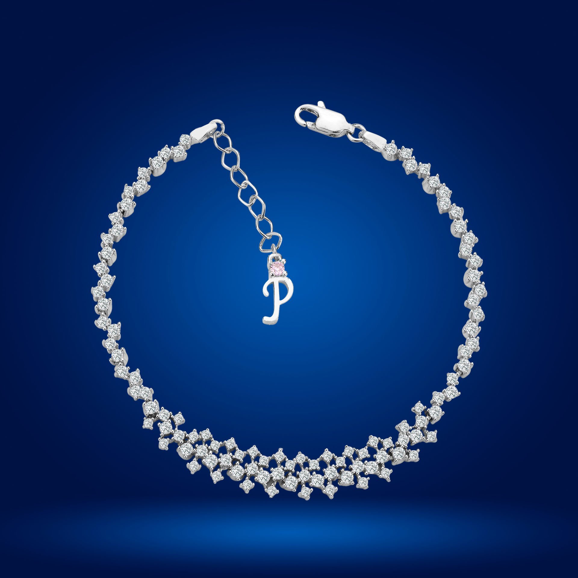 925 Ayar Gümüş Ful Pırlanta Taşlı Zincir Harfli Su Yolu Bileklik P