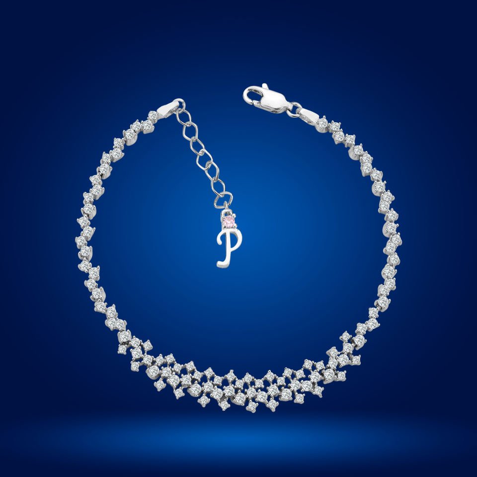 925 Ayar Gümüş Ful Pırlanta Taşlı Zincir Harfli Su Yolu Bileklik P