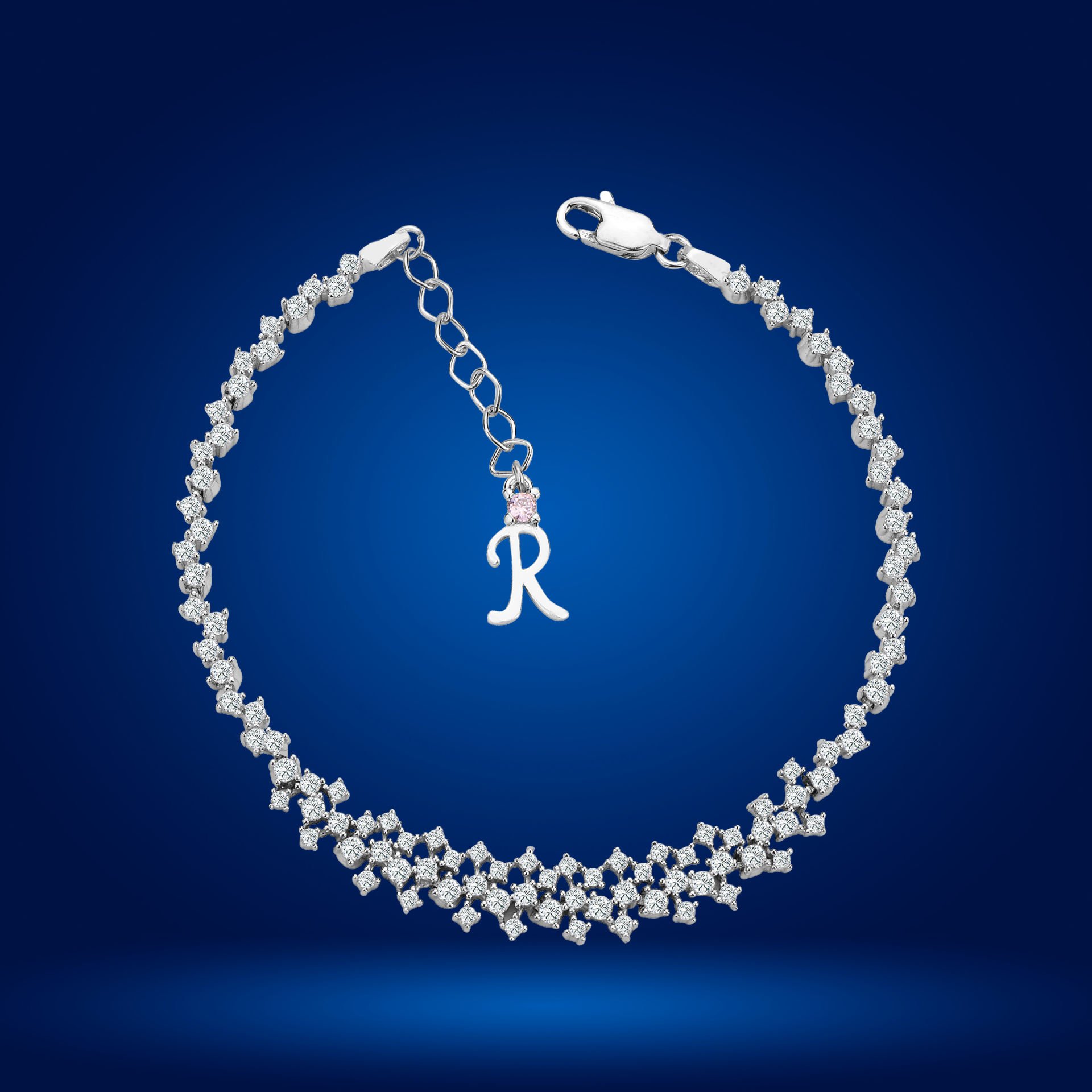 925 Ayar Gümüş Ful Pırlanta Taşlı Zincir Harfli Su Yolu Bileklik R